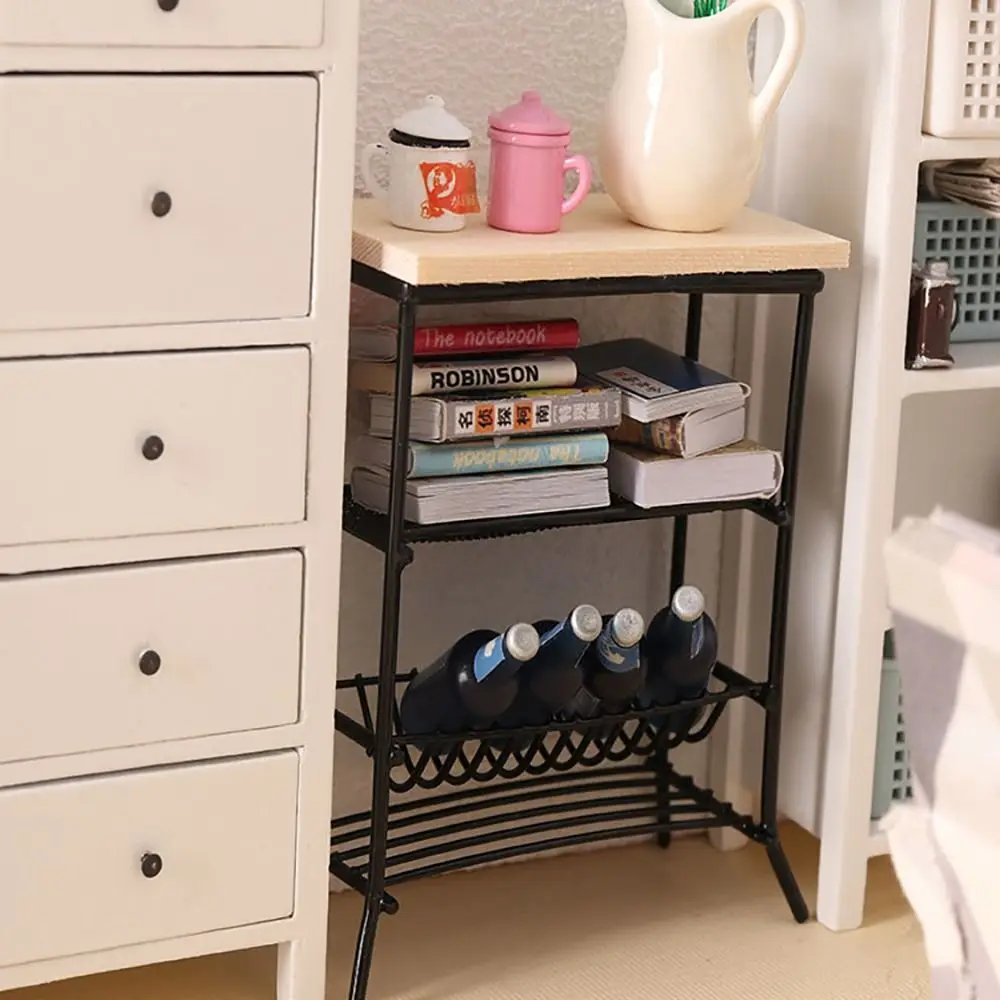 ドールハウス、ディスプレイラック、ミニチュア家具、木材、金属、スタンドシーン、キッチンシーン用の錬鉄製本棚