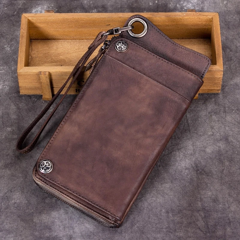 Retro handmade Leather Men\'s wallet men first layer cowhide card holder long wallets male zipper purses simple thin 2020 new
