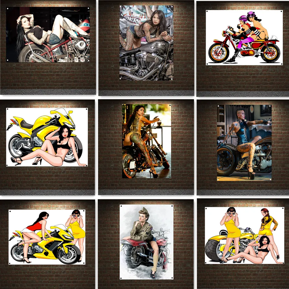 

Sexy Biker Girl Ass Wall Art Poster Retro Hot Motorcycle Banner Flag Man Cave Garage Pub Club Bar Decor Signboard Gift for Man 4