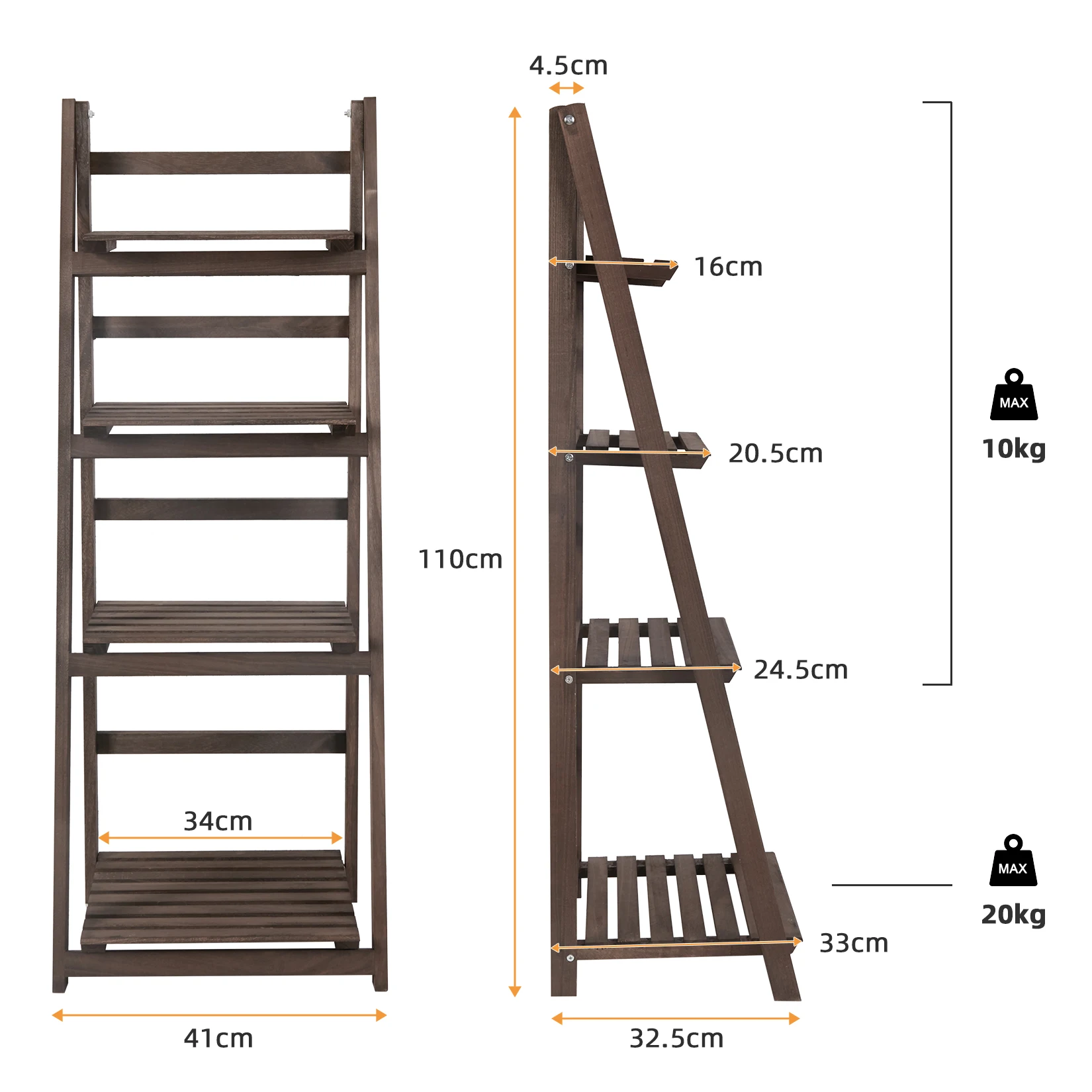 43" Foldable Ladder Shelf Plant Stand Indoor Flower Pot Stand Patio Rustic Wood Stand with Shelves 4 Tier Stand Outdoor Pot Rack