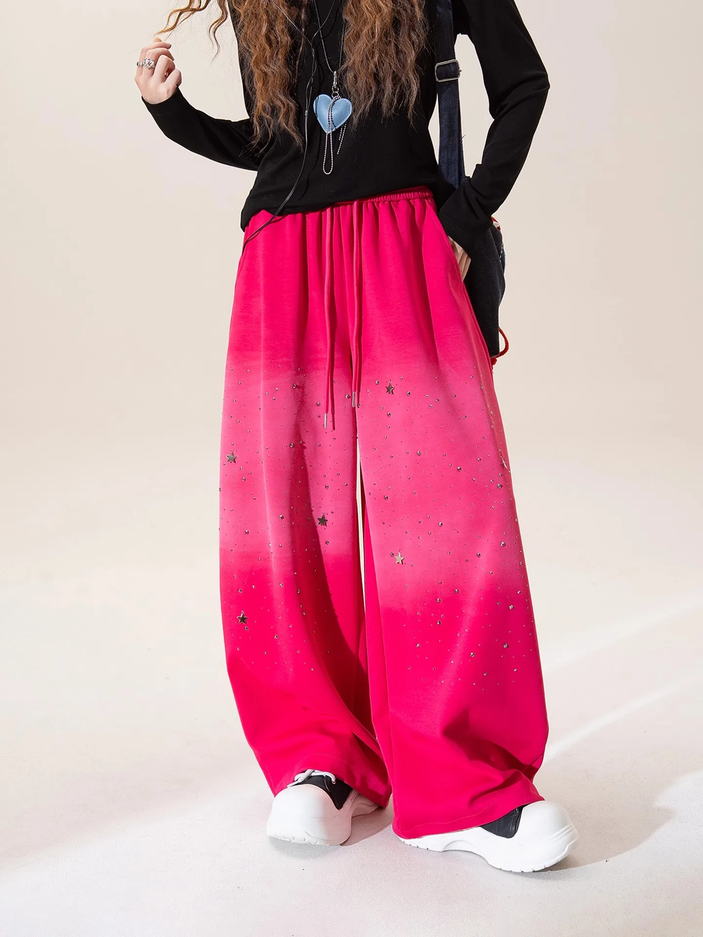 Gradient Rose Red Rhinestone Wide Leg Sports Pants Women's Winter New Small Design Slim Straight Casual Long Trousers