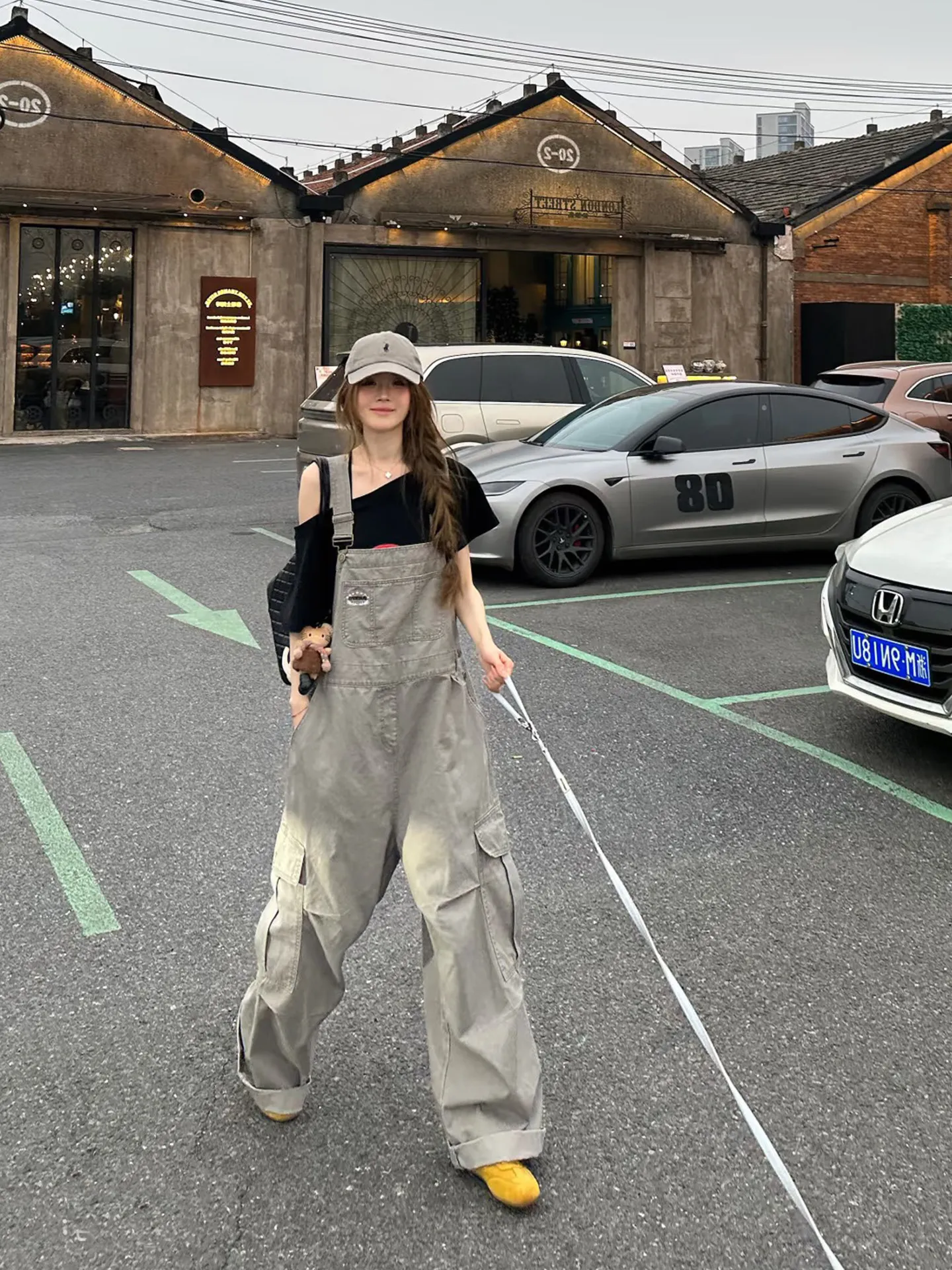 Women's Summer Cargo Overalls American Retro New Gray Loose Wide Leg Pants with Big Pockets Design Niche Floor-Length Baggy Trou