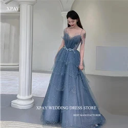 XPAY Sparkly Dusty Blue Beads Evening Dressses Shiny Spaghetti Straps Tulle Tiered Prom Gowns Long Pageant Party Dress