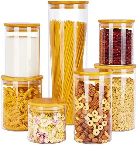 

Vtopmart 7-Piece Glass Food Storage Jars with Airtight Bamboo Lids – BPA-Free Pantry Containers for Coffee, Pasta, Flour & More