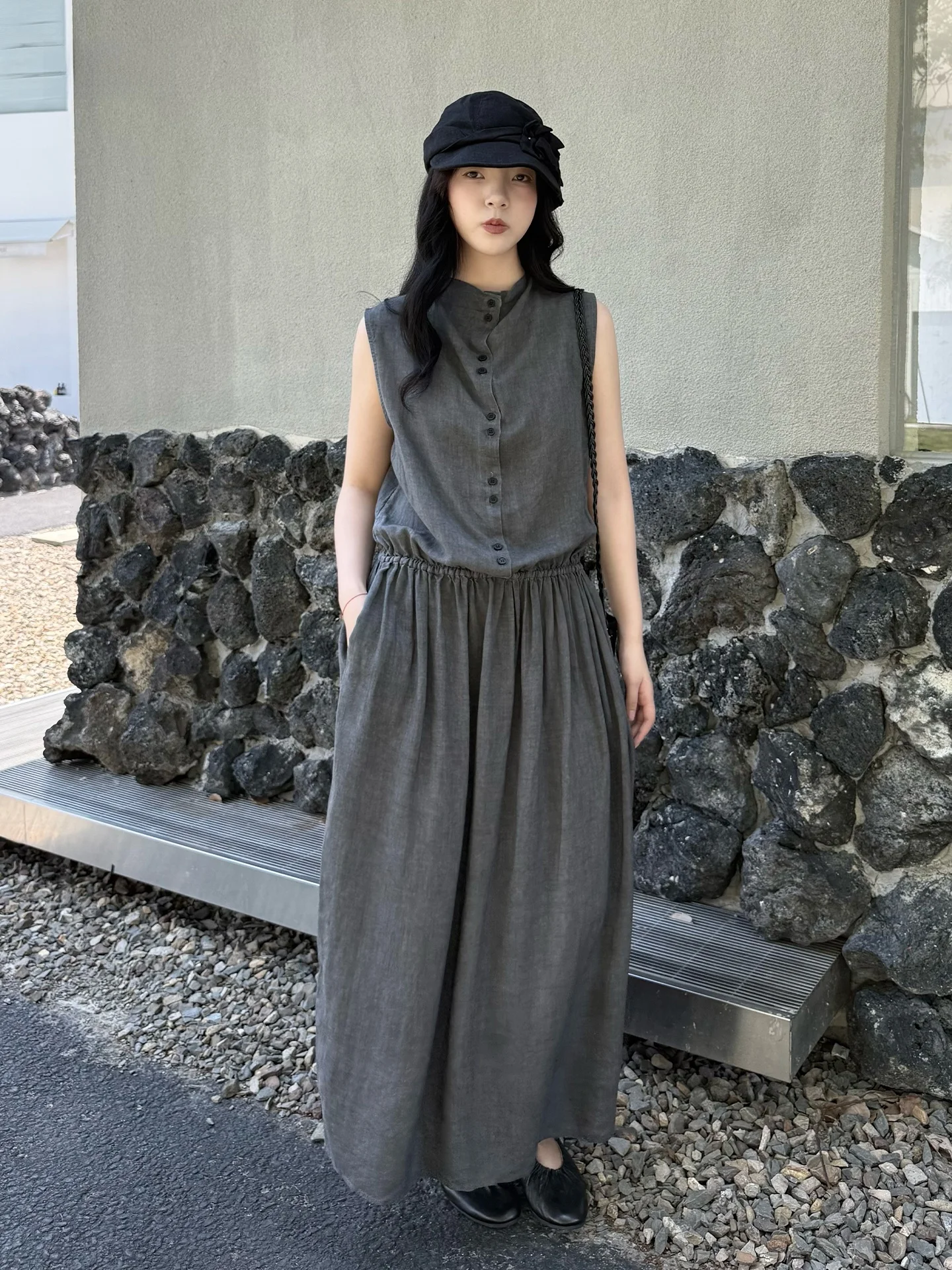 Land And Mountain Island Qingfeng  Linen  Shape Sleeveless Vest Dress Summer Fashionable Ladies Casual Dress