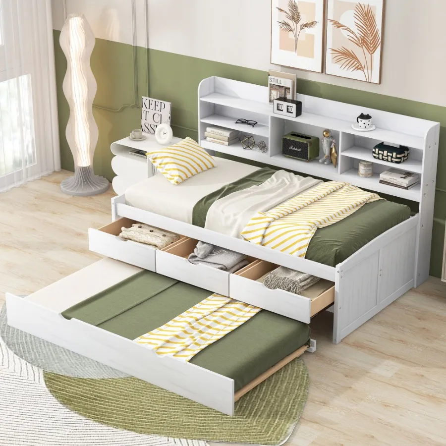 

Twin Size Wooden Captain Bed with Builtin Bookshelves Three Storage Drawers and Trundle White Wash
