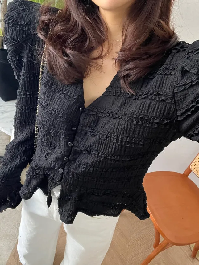 Slim Fit V-Ne Pieghettato Bell Sve irt Donna Chic Retro Primavera Nuovo Sle Lungo Sve Materiale sottile Lunghezza regolare irt