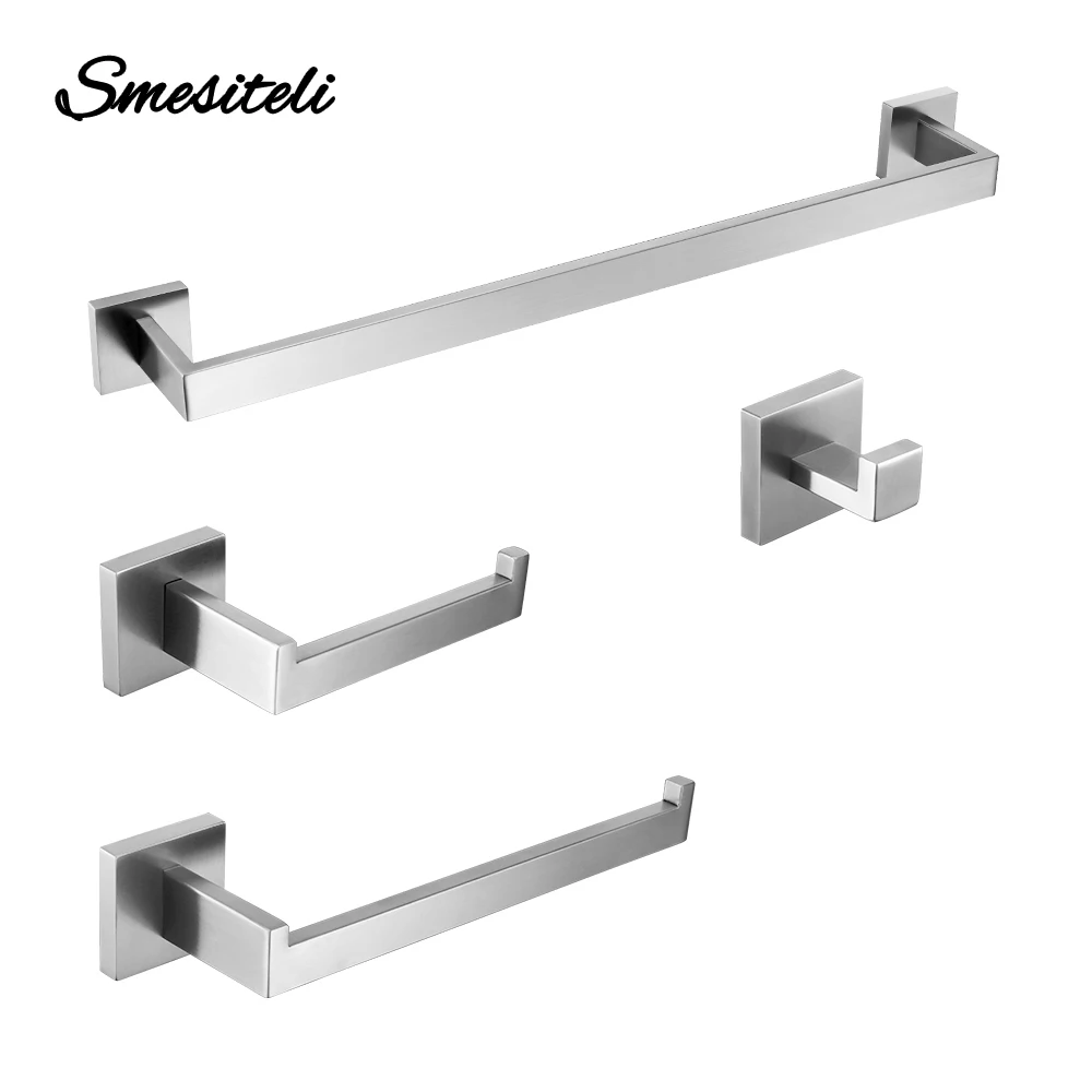 Attrezzatue e Accessori per il Bagno Set Spazzolato Acciaio Inox Porta Accappatoio Portasciugamani Bar Mensola Tissue Paper Holder Spazzolino Da Denti Titolare Accessori Per il Bagno