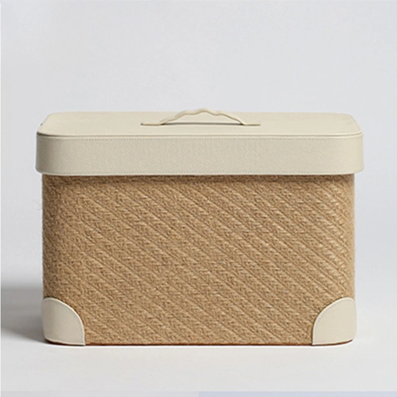 

Jute hand-woven multi-functional storage box with lid, fiber leather laundry basket basket