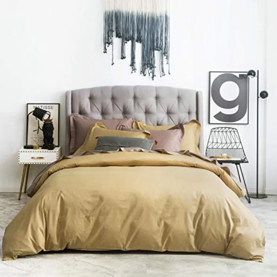 

Duvet Cover 100% Cotton 3 Pcs Set 1 Vintage Champagne Duvet Cover with Zipper Ties 2 Pillow Shams Farmhouse Mustard Color Beddi