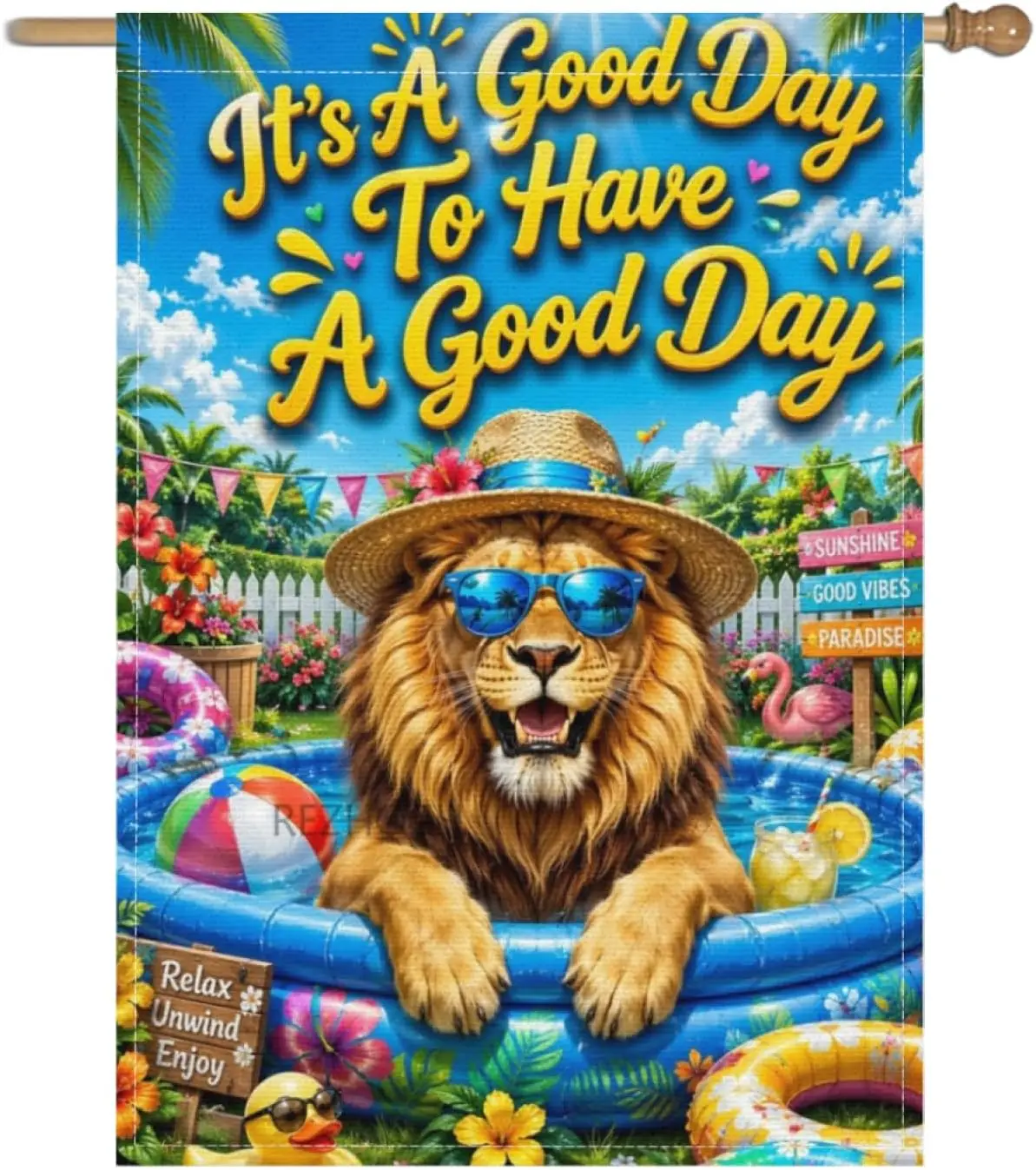 Summer Welcome Garden Flag 28x40Inch,Fun Lion Pool Decor,Cute Animal Tropical Yard Outdoor Colorful Beach Ball Lemon Drink F yyi