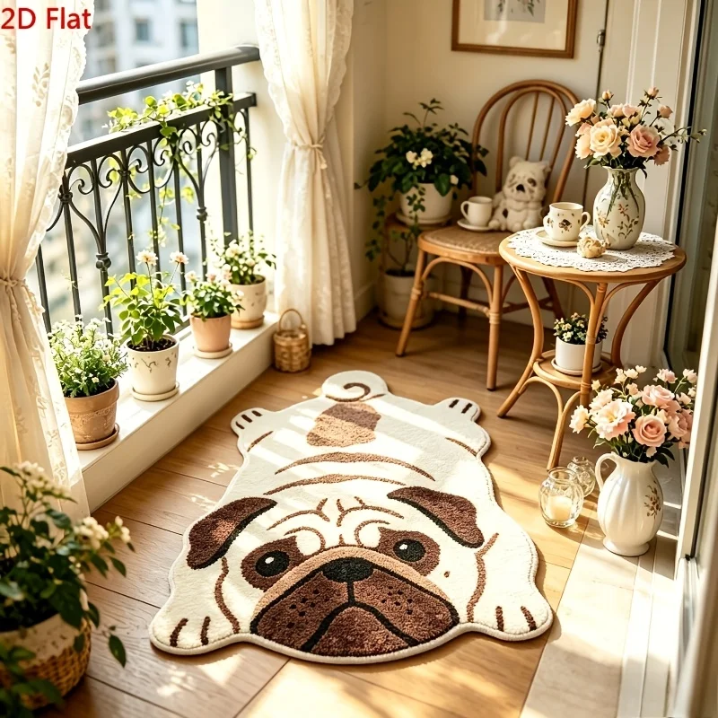VIKAMA Cute Lying Pug Dog Shaped Irregular Doormat 2D Cartoon Pet Print Non Slip Absorbent Bathroom Entryway Floor Rug