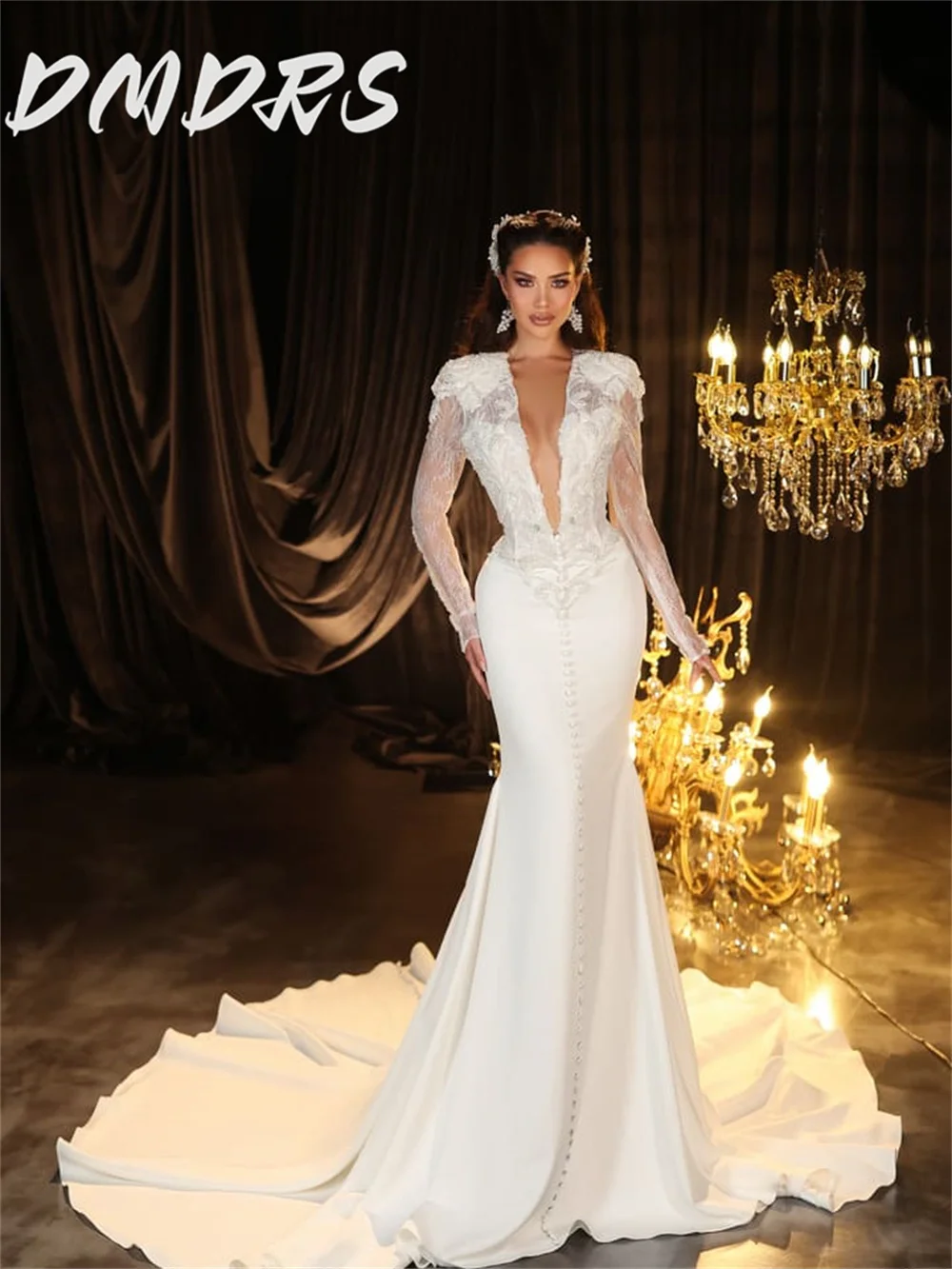 Sexy Deep V Neck Wedding Dress 2025 Classic Long Sleeve A-Line Bridal Gown Formal Tulle, Majestic Floor-length Gown For Customiz