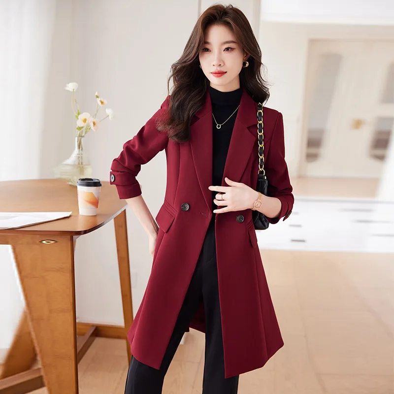 High Quality Fabric Middle Long Women Windbreaker Elegant Blazers Coat Office Ladies Outwear Double Breasted Clothes Tops