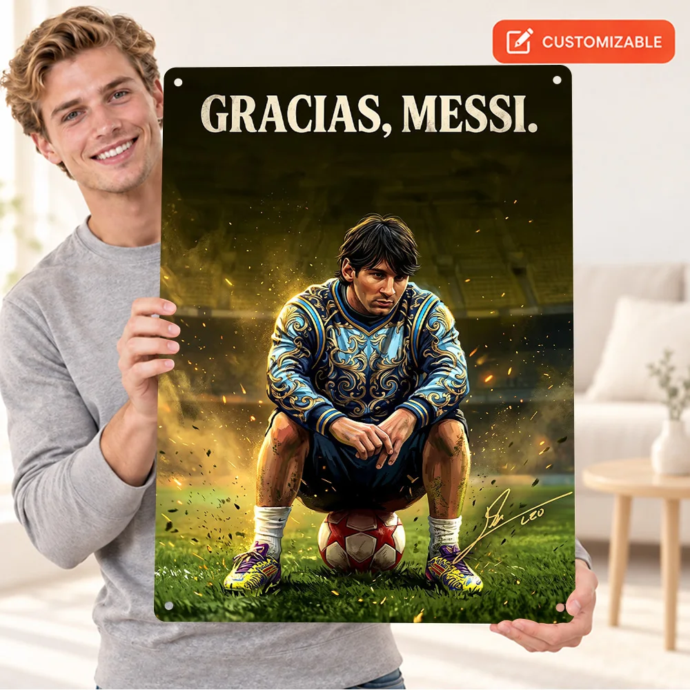 Lionel Messi Seated Tribute Football Printed Poster Customized Metal Sign Digital Illustration Wall Art For Sports Room Fan Gift