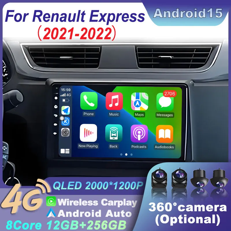 GPS Navigation Carplay Auto Android 15 Car Radio For Renault Express 2021-2022 Head Unit 4G Multimedia Stereo WIFI Video Player