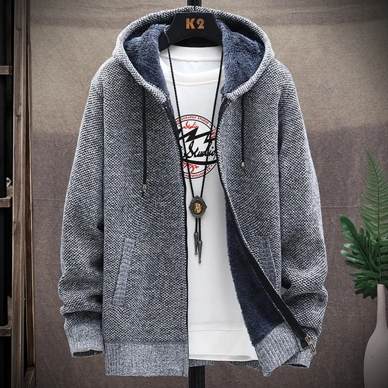 

Autumn Winter Men's Hooded Pullover Cardigan Solid Color Fashion Fleece Thick Warm Casual Coat кардиган