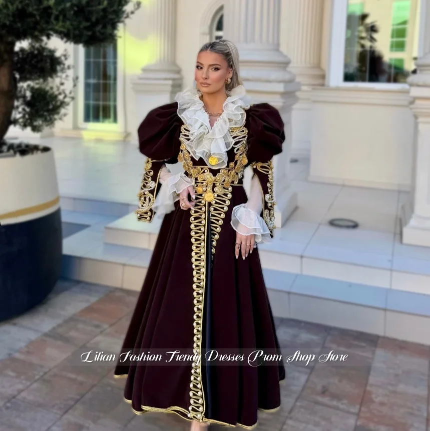 Customized Maroon Algerian Wedding Dress Lace-Collared Printed Bridal Gown Traditional Arab Muslim Wedding Party Dress 2026
