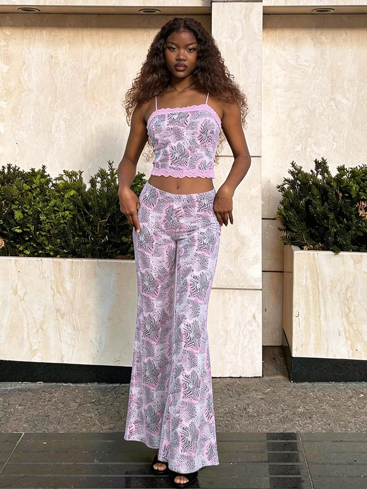 

Комплект из 2 предметов Kliou с леопардовым принтом: женский летний трендовый топ-камизоль с кружевными вставками и открытой спиной + длинные брюки с эластичной талией, сексуальный наряд