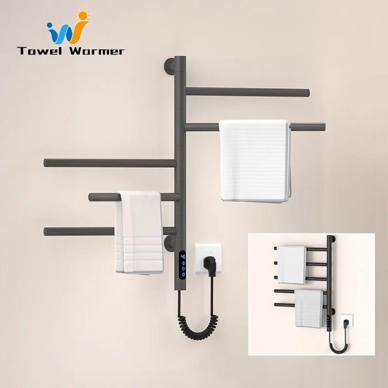 Black/White/Gray Bathroom Towel Warmer Smart Temperature Time Control Electric Towel Rack 180° Rotatable Home Heated Towel Rail