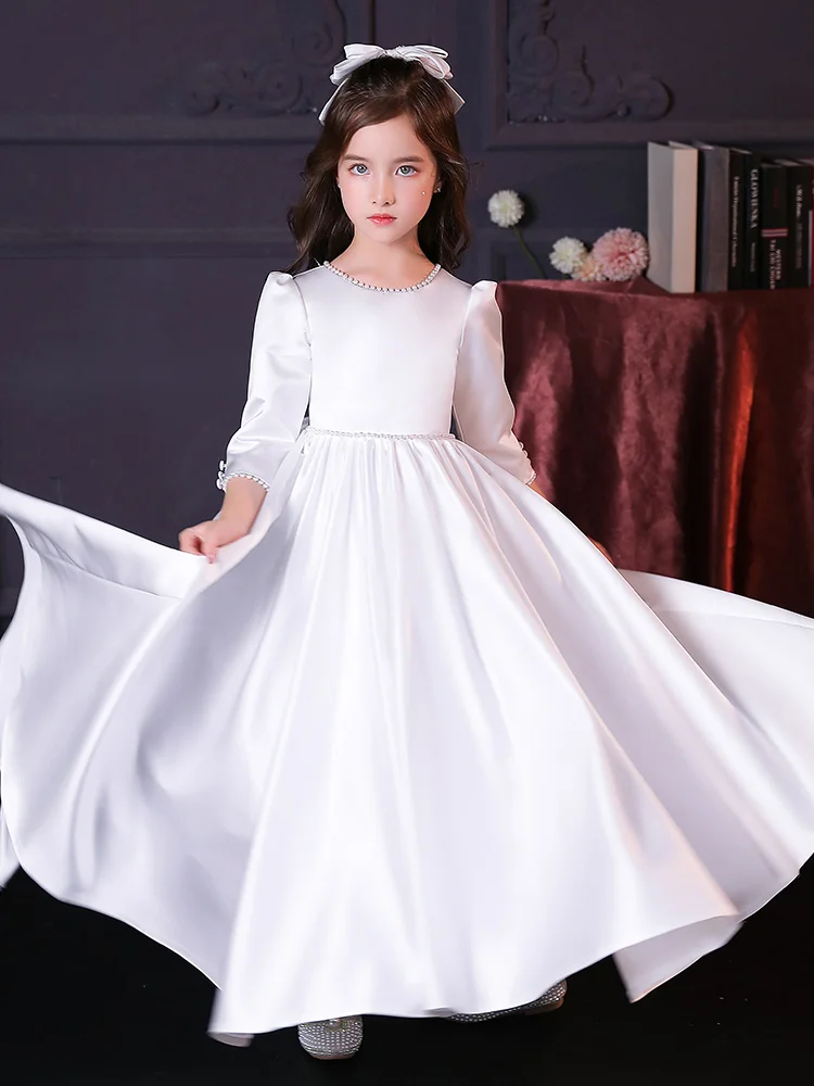 Abito da ragazza di fiore in raso bianco per matrimonio Elegante perle gonfie con fiocco Abiti da ballo per abiti da prima comunione per festa di compleanno principessa