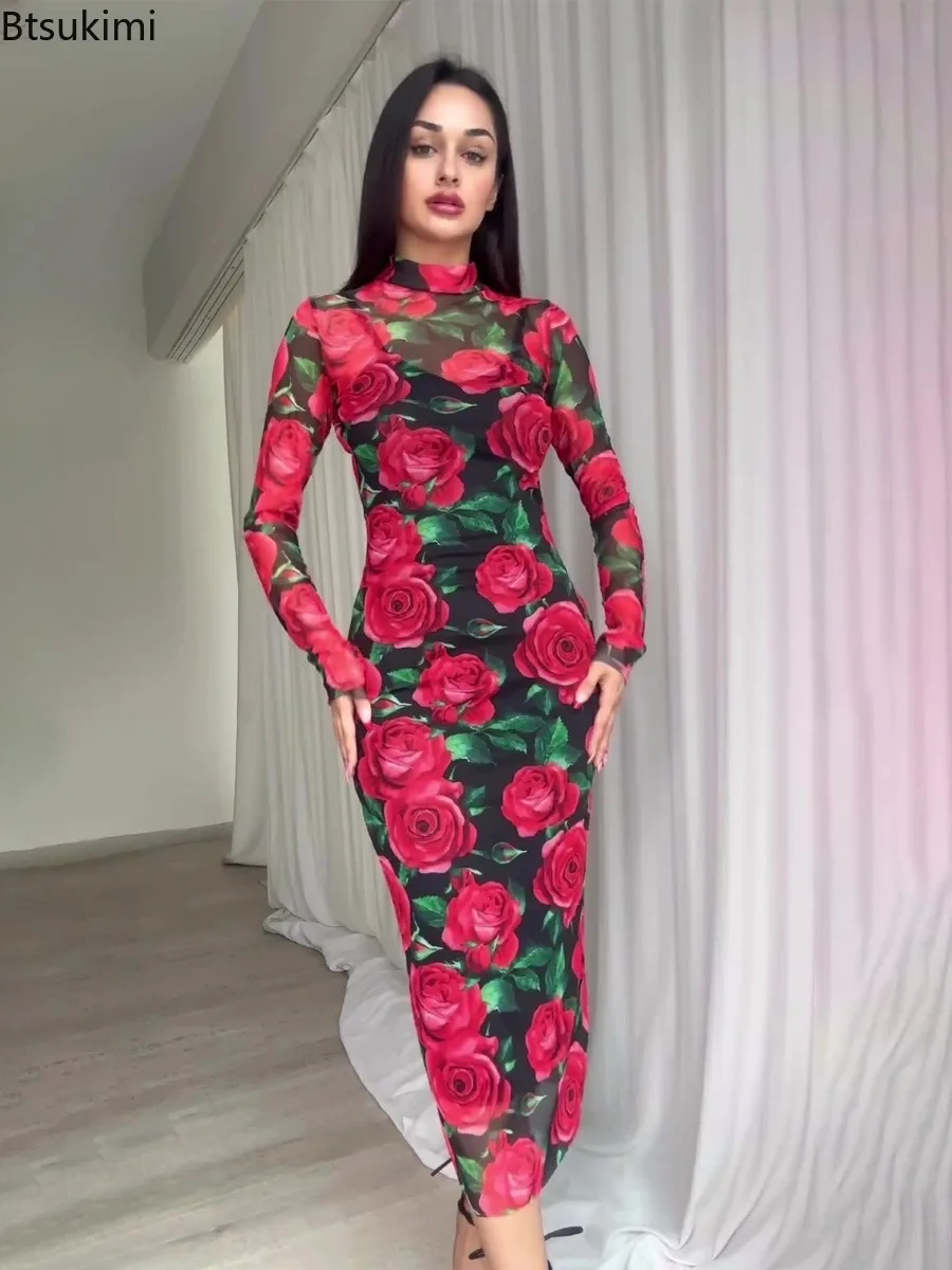 

Sexy Flower Printed Long Dress Spring New Women's Vintage Casual Long Sleeve Slim Dress Fashion Half High Collar Bodycon Dresses