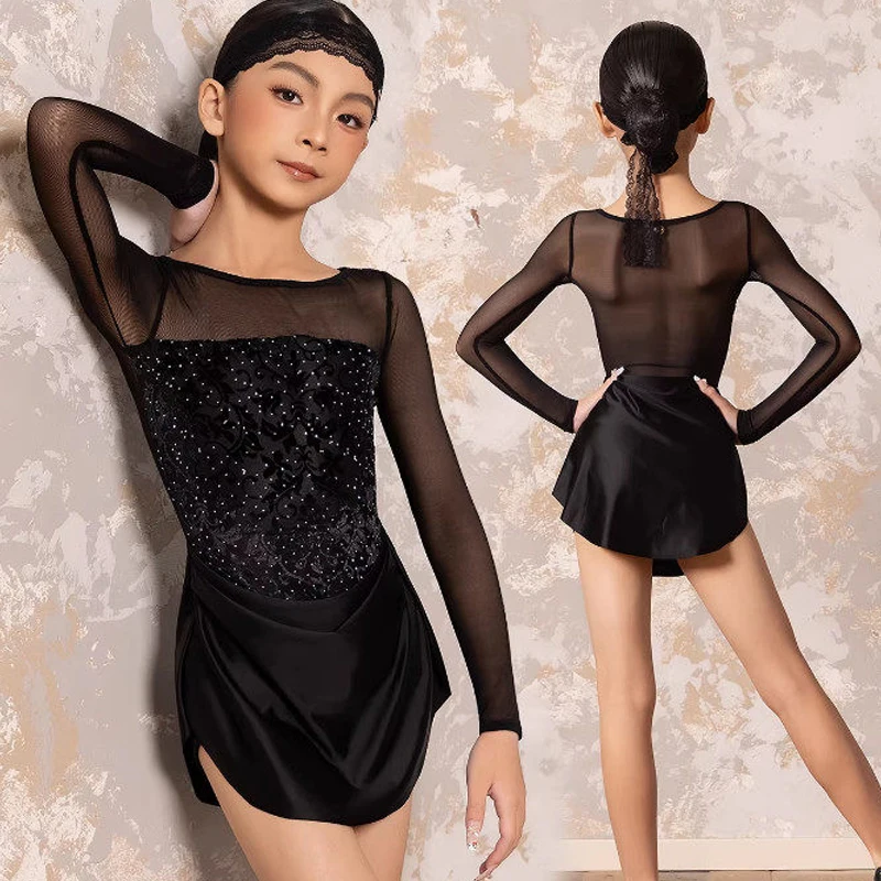 

Новинка 2023 года, костюм для латинских танцев, детские танцевальные платья, сетчатое платье с длинными рукавами для девочек, праздничное платье для латинских танцев DW11200