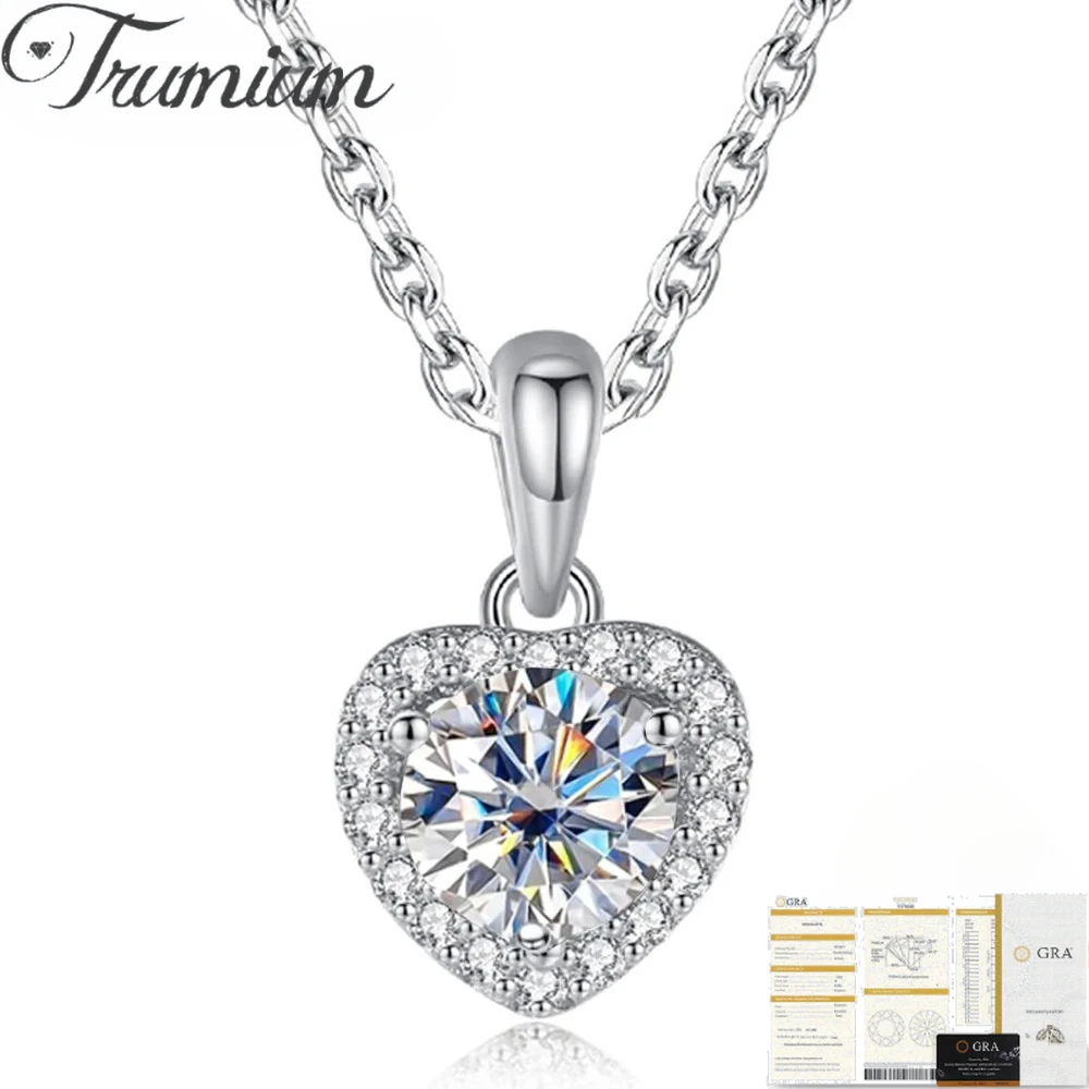 Trumium 1CT Moissanite Necklace for Women 925 Sterling Silver Heart Necklace Sparkling Birthday Wedding Jewelry with Certificate
