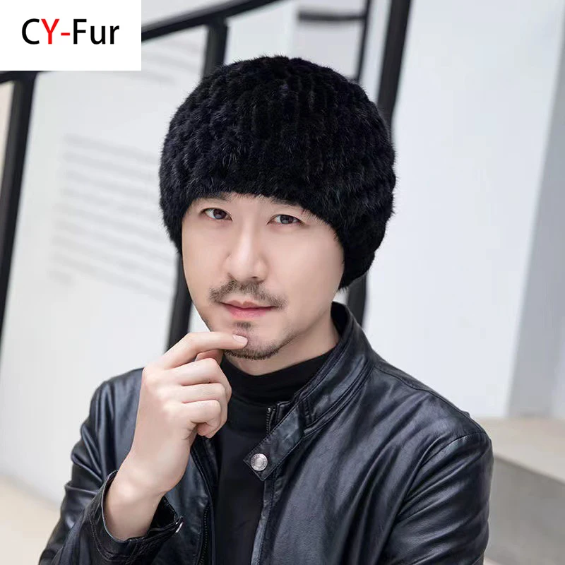 

Winter Men Mink Fur Hats Natural Real Fur Knitted Cap Fashionable Fluffy Grandfather Genuine Fur Beanie Female Black Fur Caps