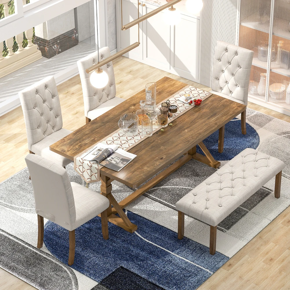 6 Piece Farmhouse Dining Table Set for 6, 72 Inch Wood Rectangular Kitchen Table with 4 Upholstered Chairs and Bench, Walnut