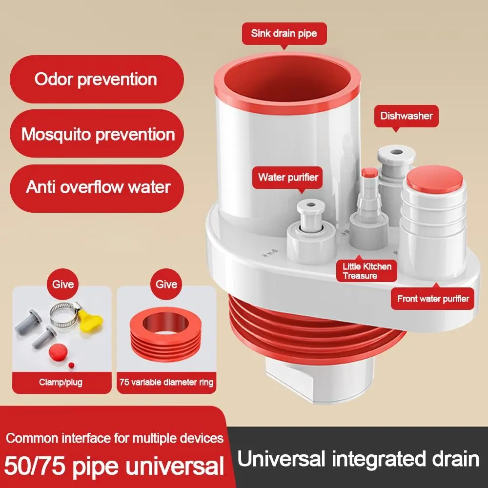 Anti odor Sink Drain Pipe Adapter Sealing Ring 5 in 1 Dishwasher Water Pipe Connector Universal Multifunctional