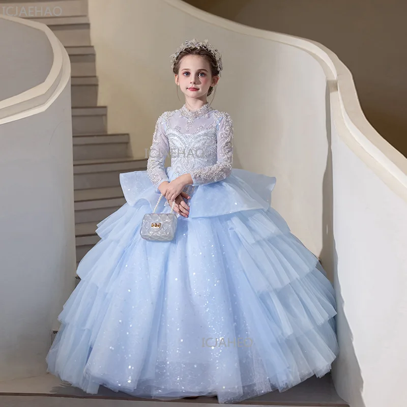 Blue Girls Evening Performance Gown Formal Celebration Kids Formal  Eid Kids Clothing Dress Birthday Party Princess Gown Piano