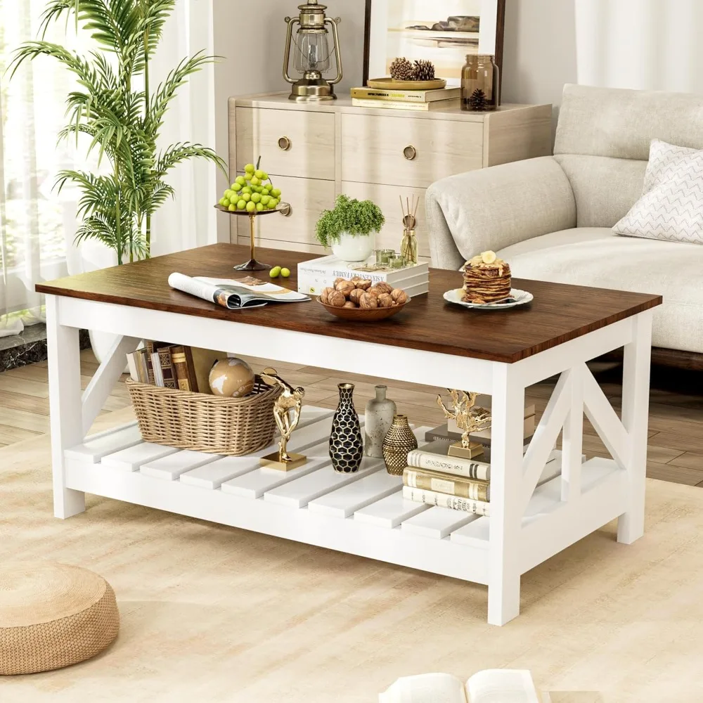 

Farmhouse Coffee Table for Living Room, Modern Living Room Table with Storage Shelf, Rustic Rectangular Center Table Space
