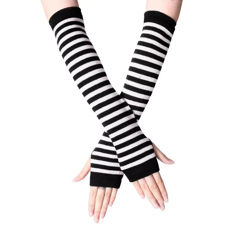 Fingerless Gloves Women Female Stretch Winter Arm Warmer Gloves Fashion Classic Gothic Striped Knitted Long Gloves