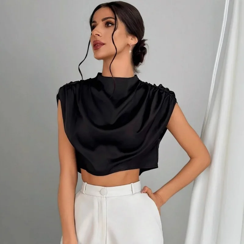 

European and American Women's Fashion Spring Summer Pleated Satin Blouse Hot New Style Hot Satin Imitation Silk Short Shirt Top