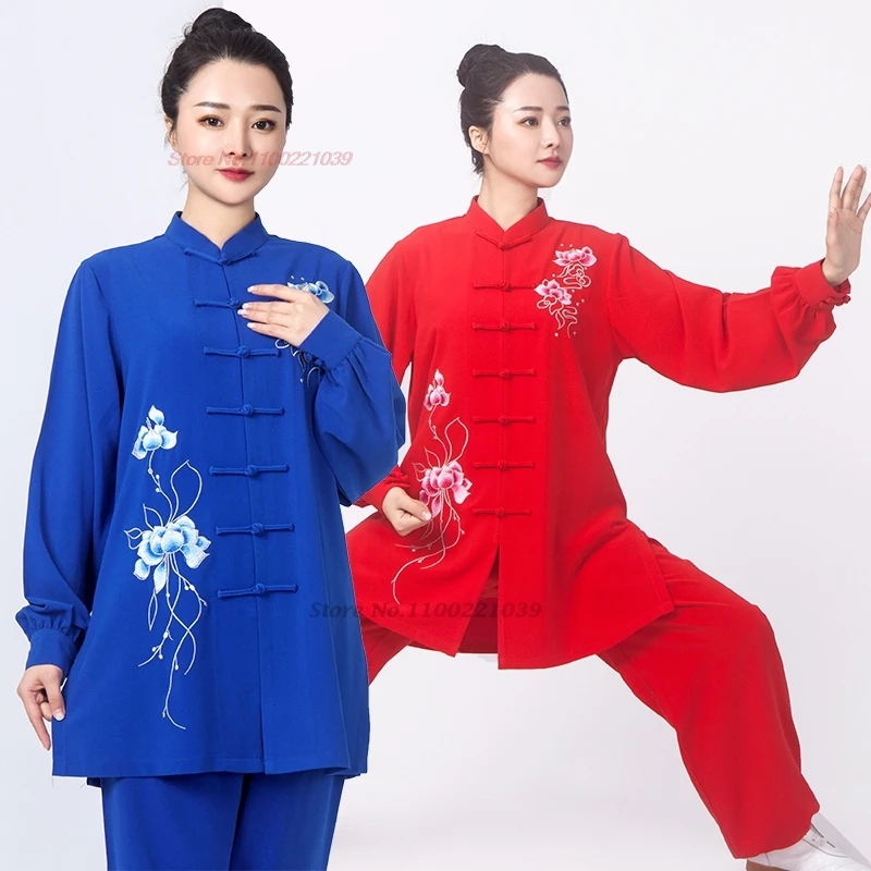 

2024 chinese tai chi uniform wushu taiji morning exercise tops+pants set flower embroidery stage team performance kungfu tai chi