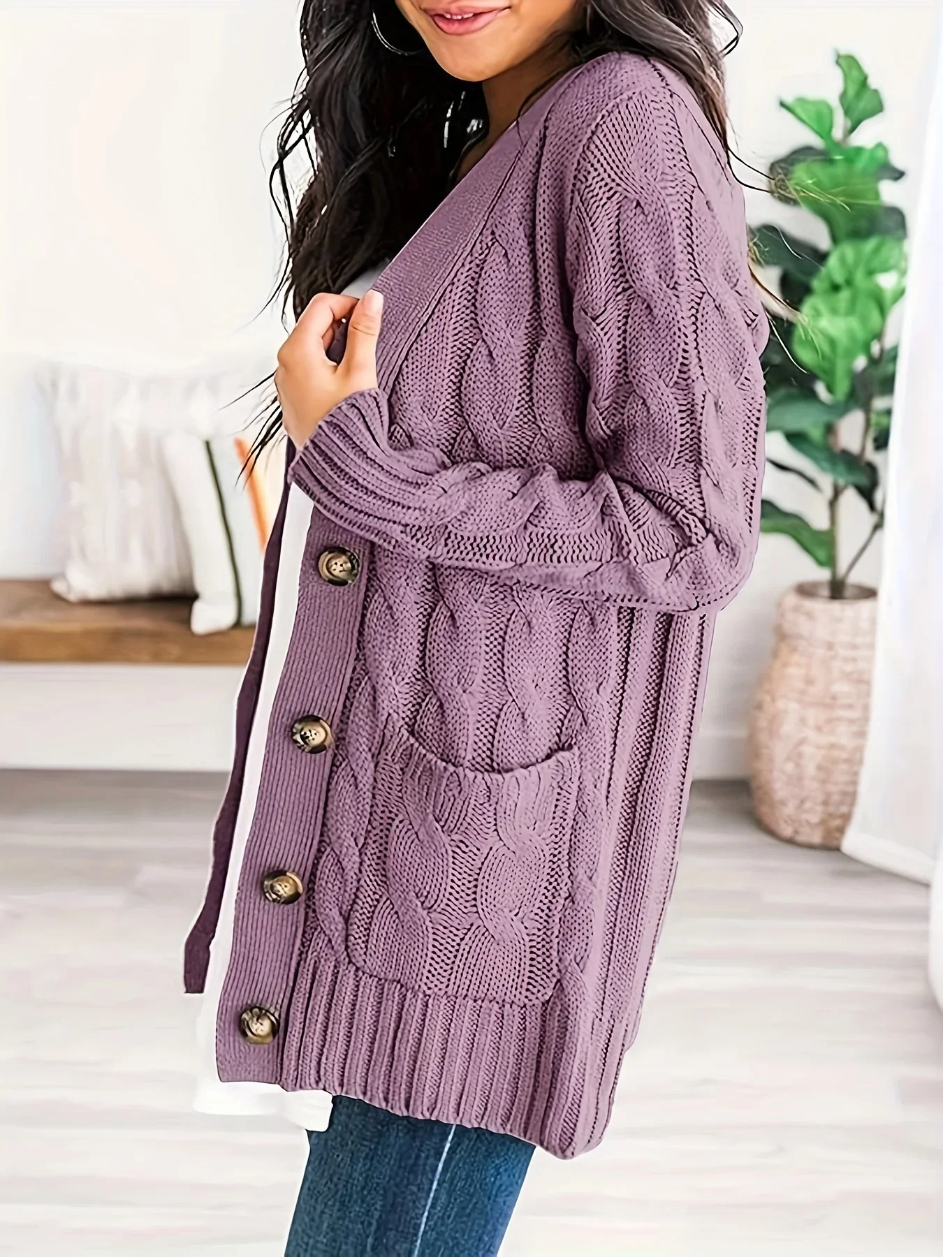 Cable Knit Button Front Cardigan, Casual Solid Long Sleeve Cardigan For Fall & Winter, Women\'s Clothing