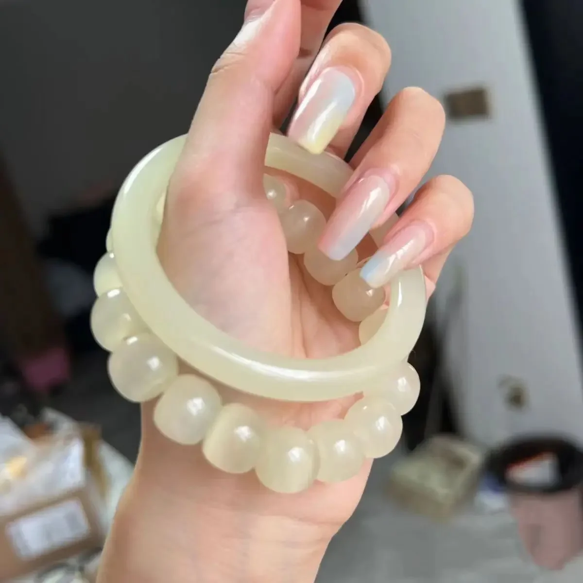 

Natural Hotan Jade Bracelet Women's Afghan Blue White Jade Bangle Girl Beauty Jade Round Bar Handpiece Gift for Mom Wife Friend