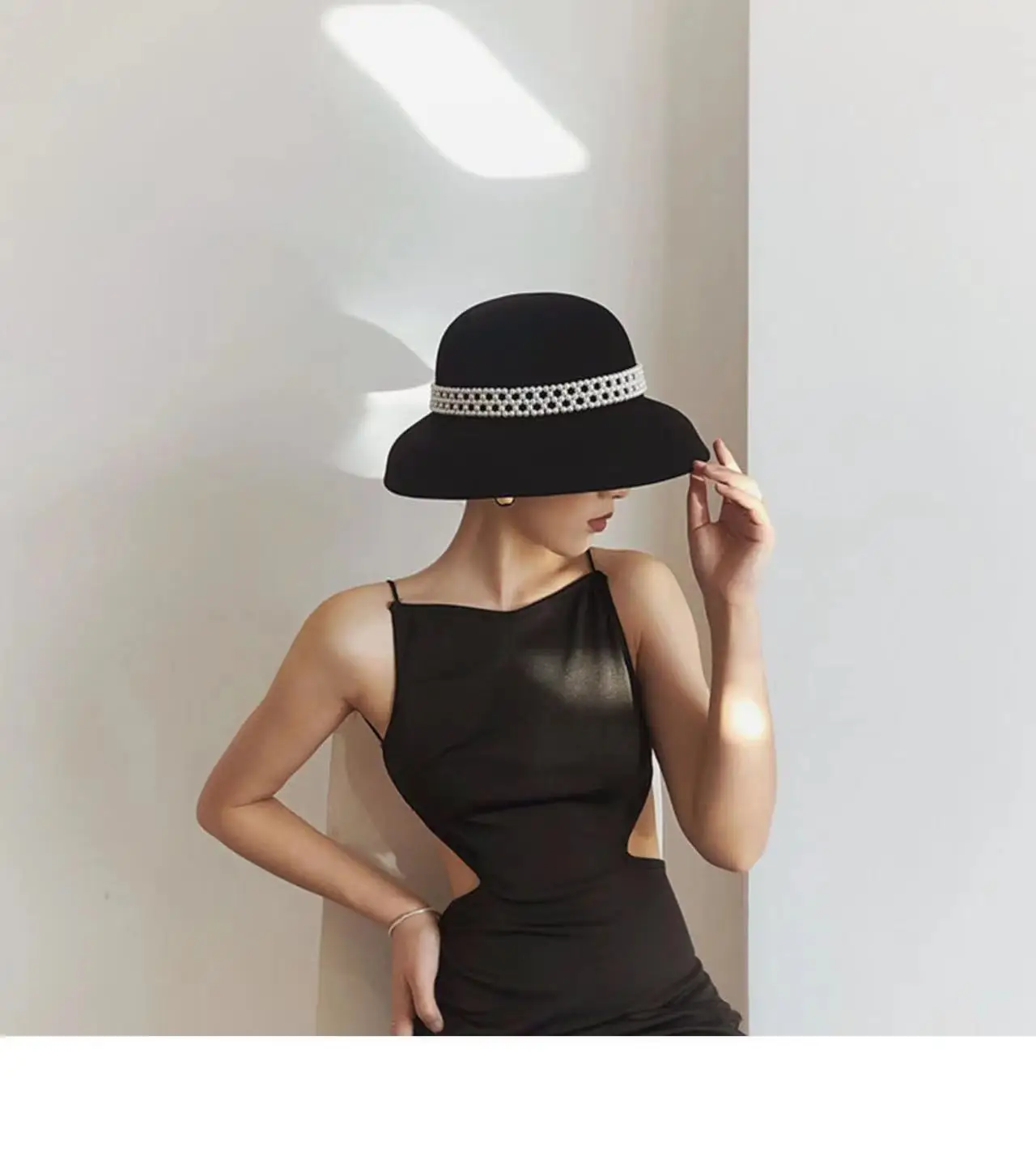 Autumn Winter 100% Wool Hat Bell Hat Women\'s French Elegant Retro Hepburn Autumn and Winter Celebrity Pearl Wool Felt Bucket Hat