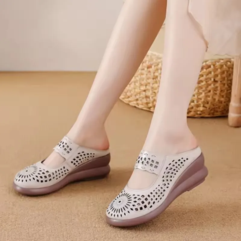 امرأة الرجعية الانزلاق على تسد أحذية السيدات الرجعية متأنق النعال جديد الجلد الحقيقي انقطاع النعال النساء الصيف مغلقة تو إسفين البغال #5