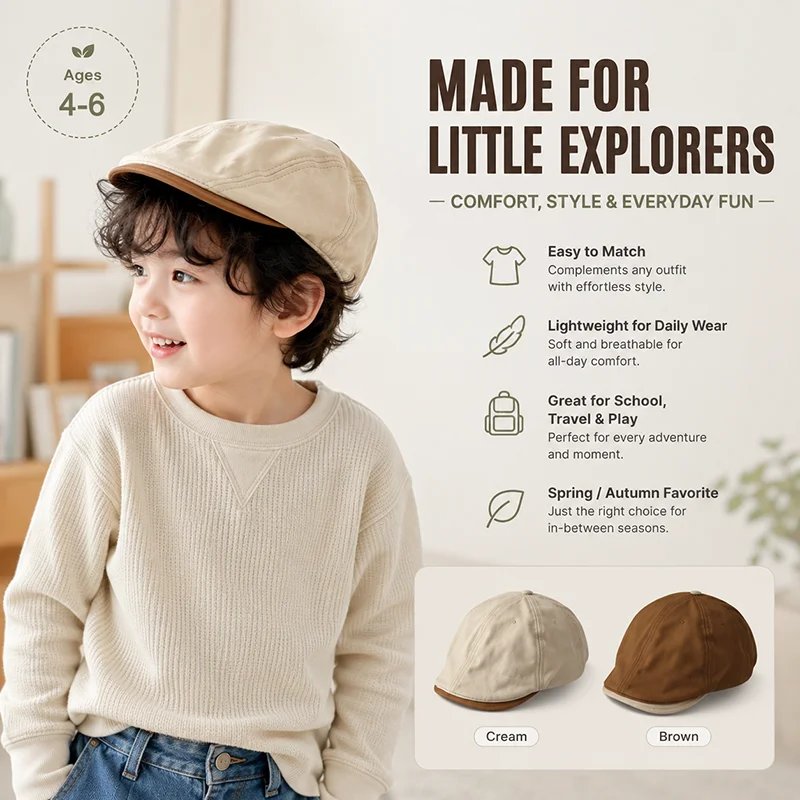 Kids Cotton Painter Cap Japanese Street Style Adjustable Newsboy Hat Spring Autumn Casual Duckbill Cap for Boys Girls Ages 4-6Y