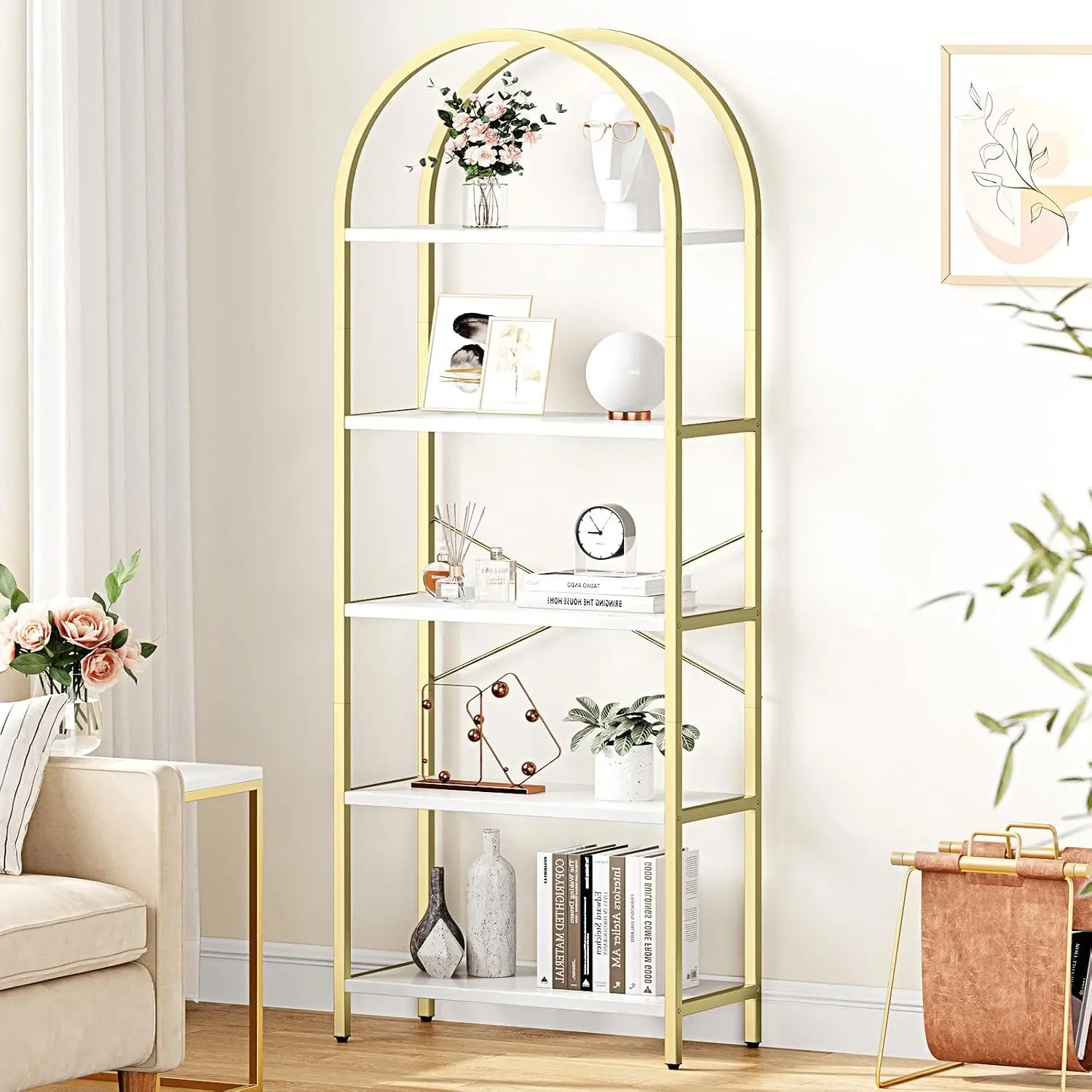 IDEALHOUSE Bookshelf 5 Tier Bookcase Arched Display Racks Tall Standing Bookshelves Metal Frame Modern Storage Rack Shelf Large Wood Book Shelf for Bedroom, Living Room, Home Office, White/Gold