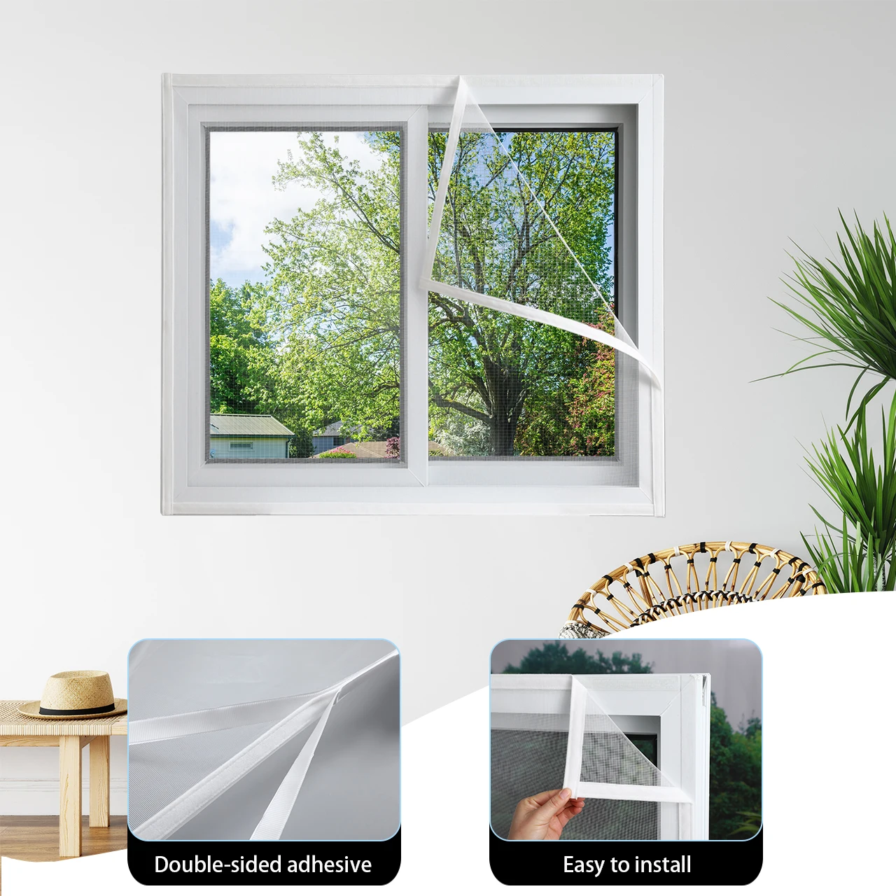 Weiße Moskitonetze für Fenster, selbstklebend, Fliegengitter für Fenster, Moskitonetzstoff, Vorhänge und Fensterdekorationen – Detail 7