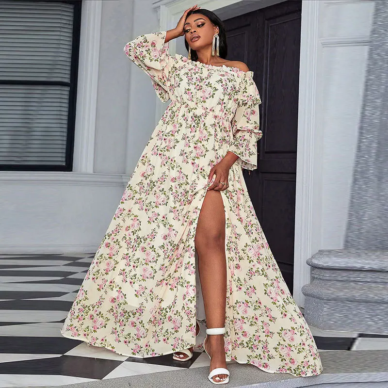 

Женское повседневное богемное платье большого размера с открытыми плечами и воротником с разрезом, европейское и американское маленькое длинное платье с цветочным принтом d