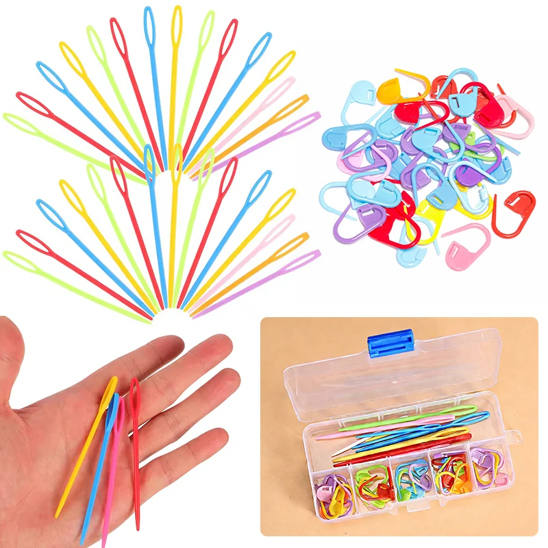 Random Color Knitting Tools Large Eye Plastic Sewing Needles with Marking Buckles Crochet Locking Stitch Markers Sewing Prop ZYF