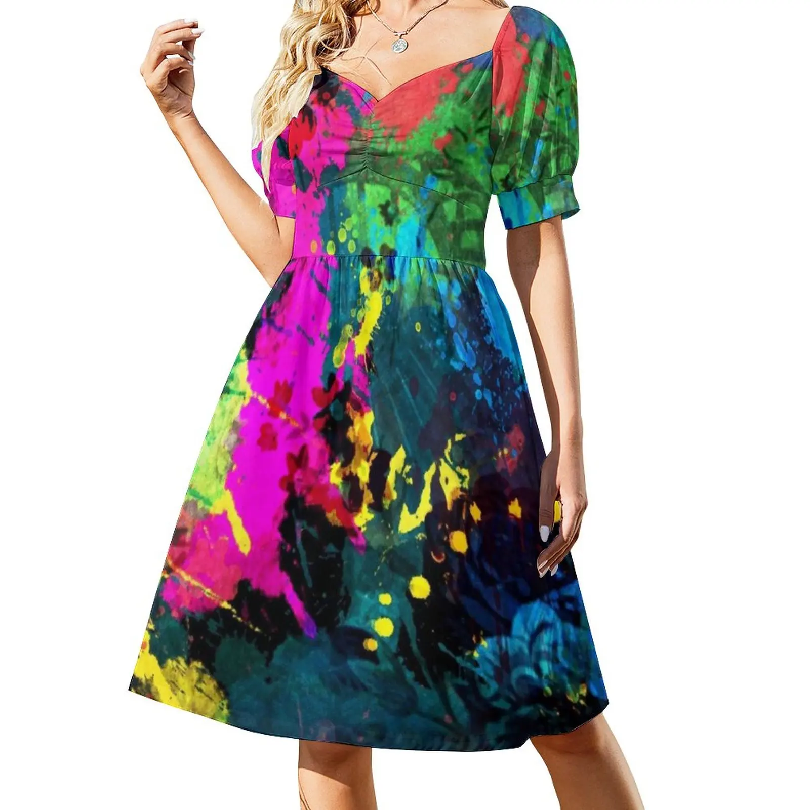 

Glow in Dark Splatter Neon Dress Kawaii Dresses Female Short Sleeve Stylish Casual Dress V Neck Oversized Vestido