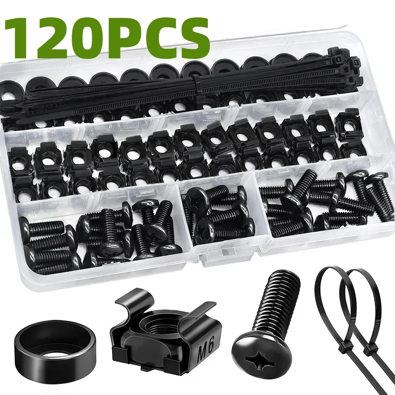 120pcs M6 Cage Screw Nut Washer Set Self-Locking Cable Ties Assortment Kit for Server Shelf Cabinets & Rack Mount Metric Thread