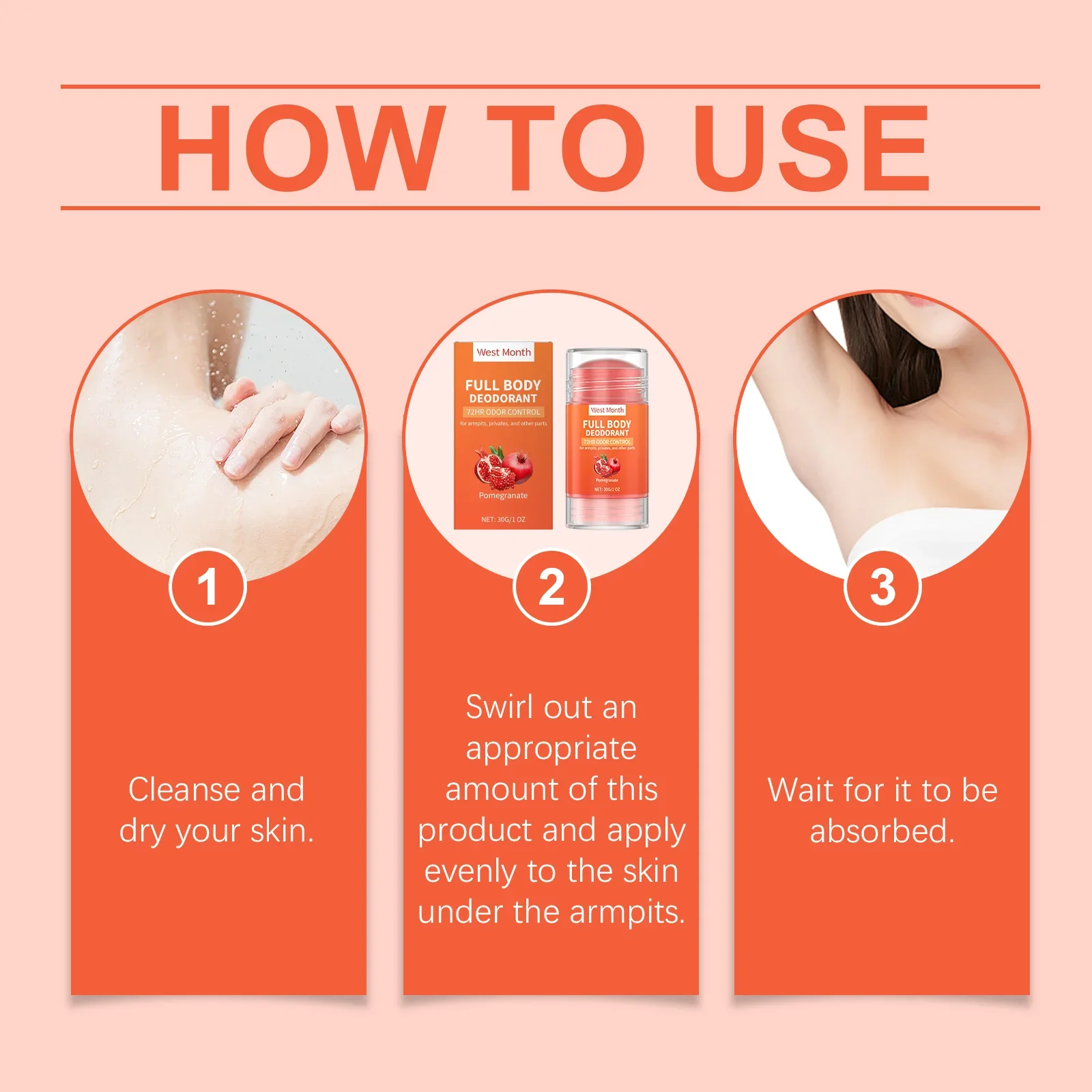 WEST MONTH Granatapfel-Ganzkörper-Deodorant, starke Desodorierungskraft, angenehmer Duft, sanft, hautfreundlich, nicht reizend, 30 g