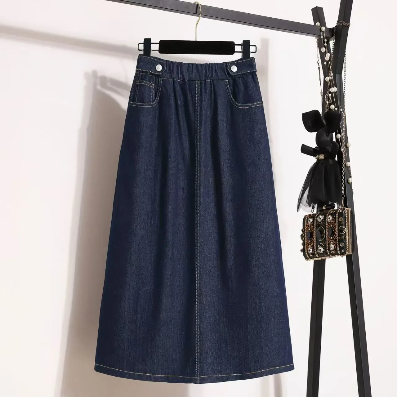 Spring 2026 plus Size Elastic Waist Denim Midi Skirt Slimming A-Line Skirts Comfortable Loose Fit Commute High Waist  Color