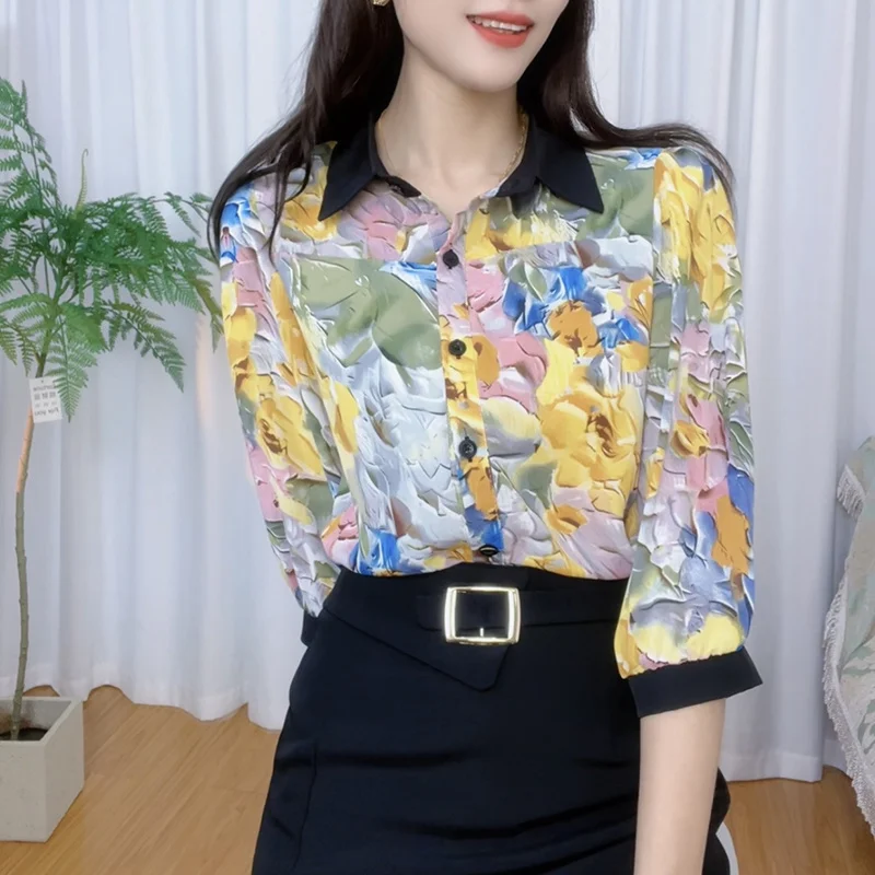 Korean Blouse 2024 Summer New Women\'s Polo-Neck Button Printed Contrast Color Lantern Sleeve Loose Commuter Casual Shirt Tops